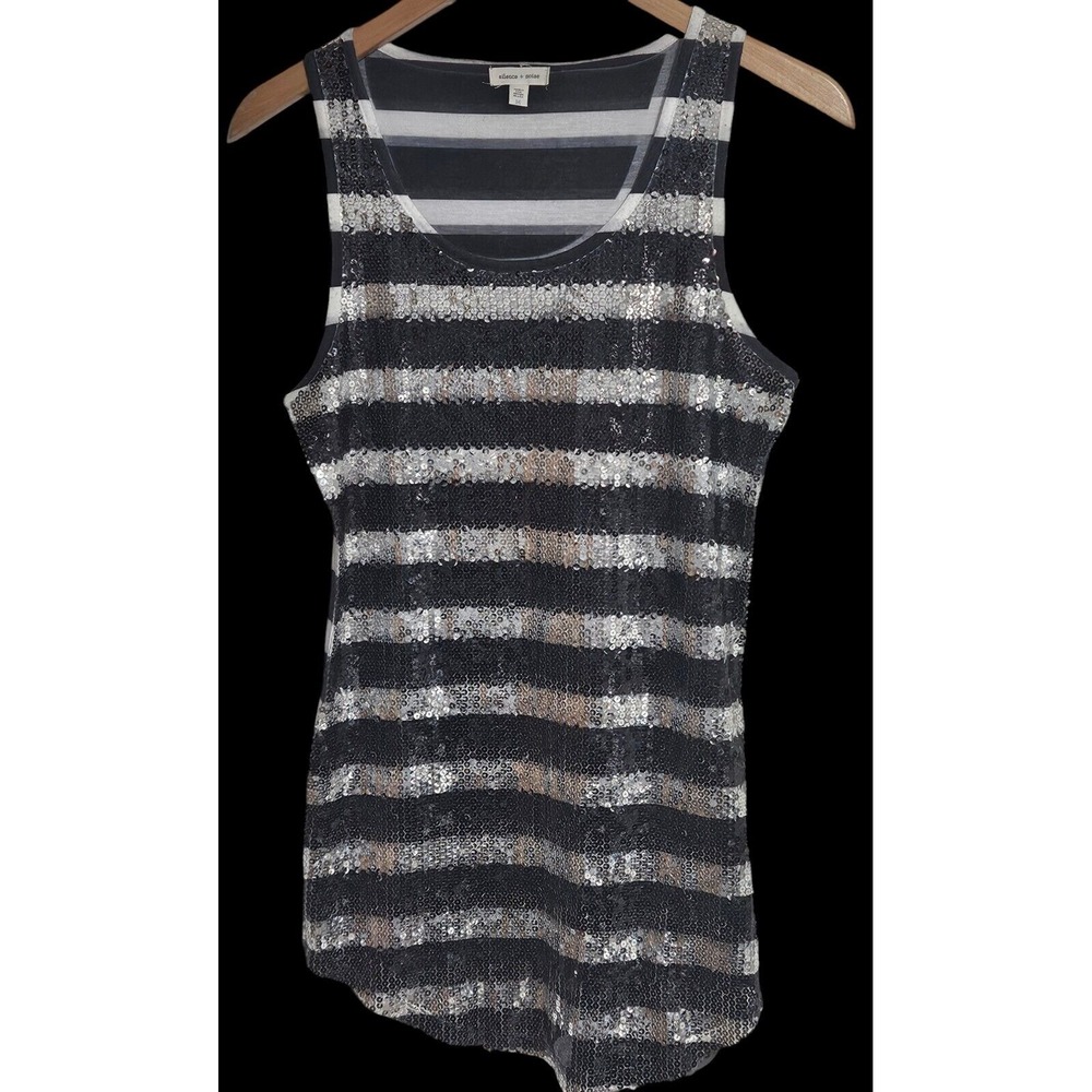 Silence & Noise Med. Black, White, Silver Striped Top Sequined Face Tank